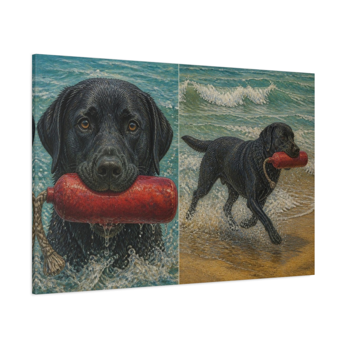 Side Mockup 1. Pets Black Labrador Retriever shown as canvas print