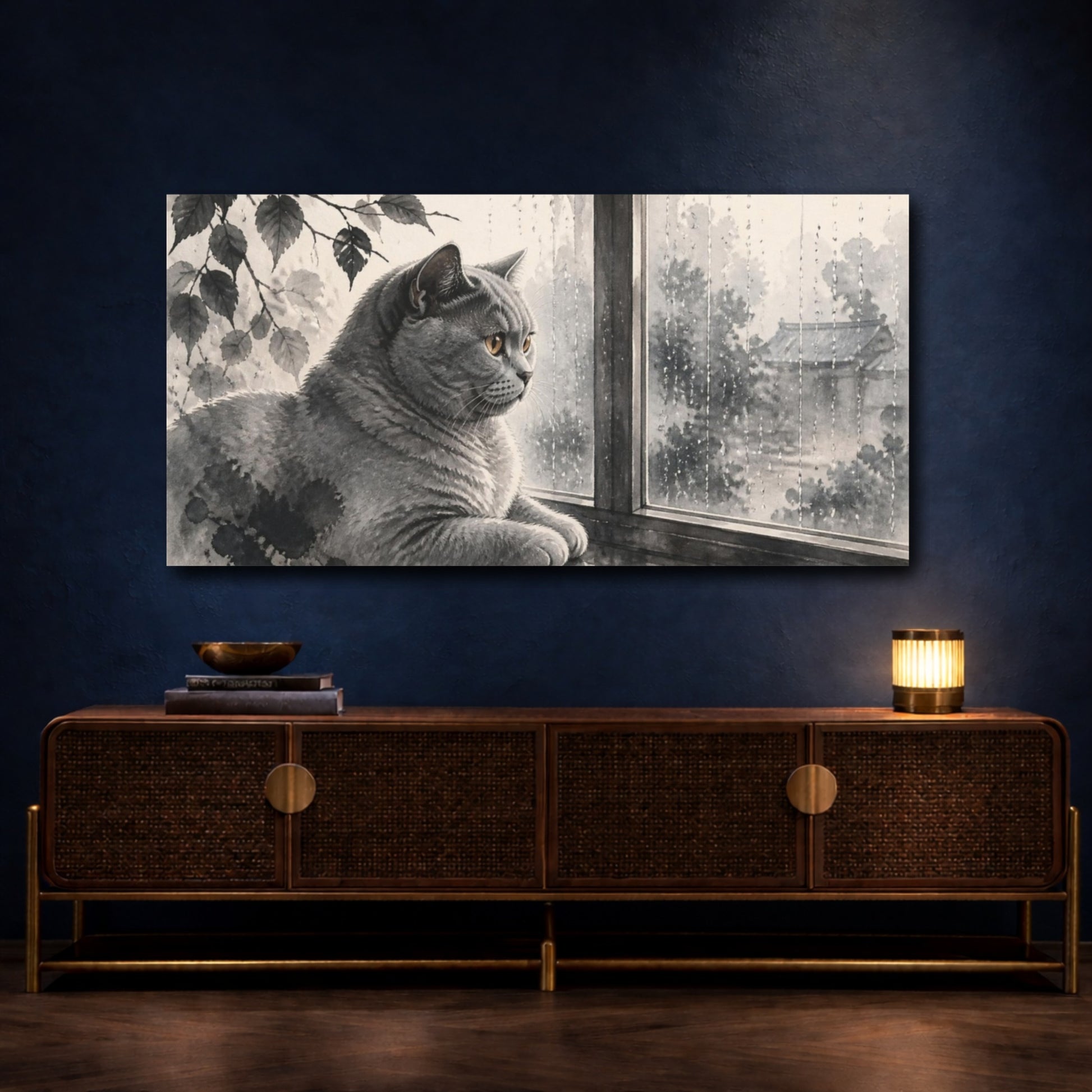 Mockup 4. Pets British Shorthair Window Gaze shown as canvas print