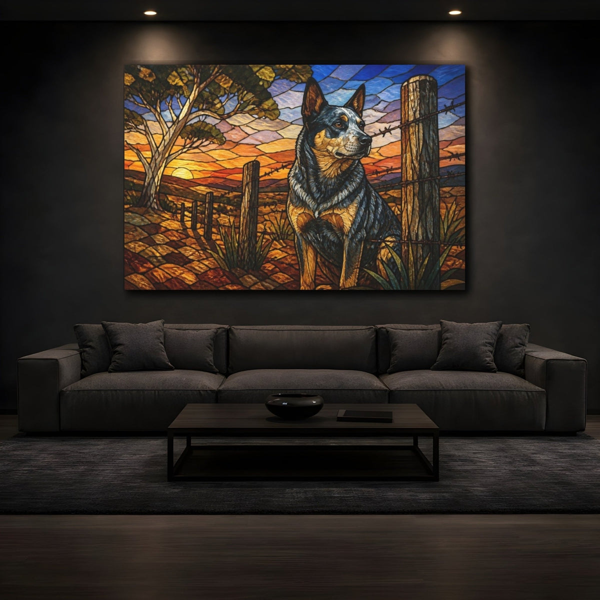 Pets Cattle Dog At Sunset Canvas Print – Living Room, Above Fireplace, Blue And Ochre - YesArtYes