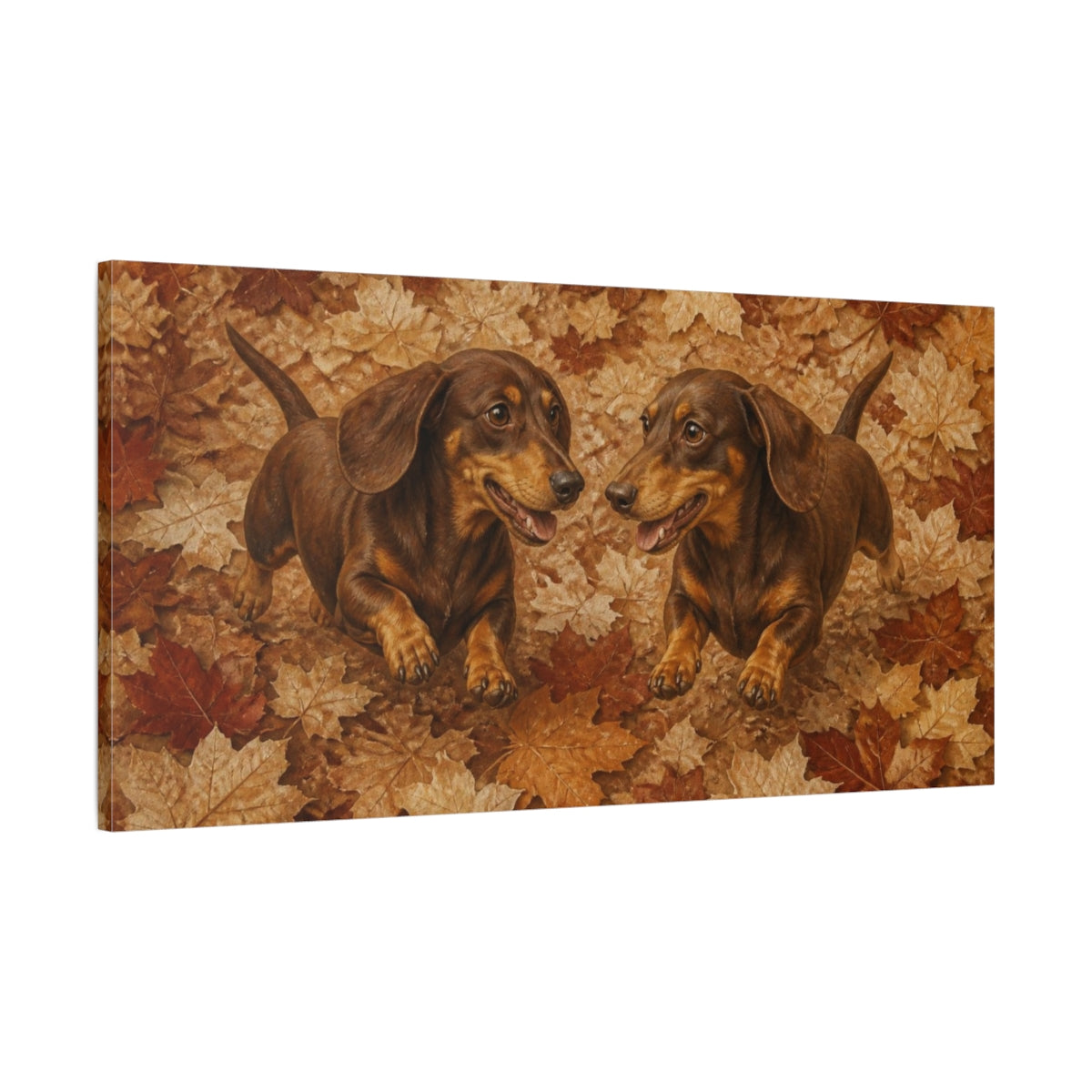 Main Mockup. Pets Dachshund Duo In Leaves shown as canvas print