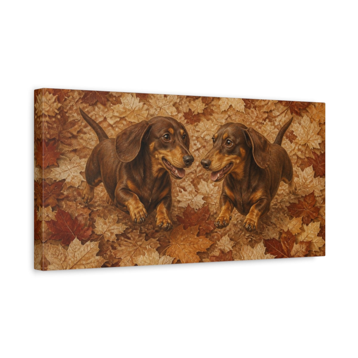 Side Mockup 3. Pets Dachshund Duo In Leaves shown as canvas print