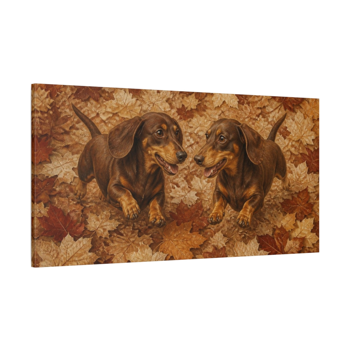 Side Mockup 2. Pets Dachshund Duo In Leaves shown as canvas print