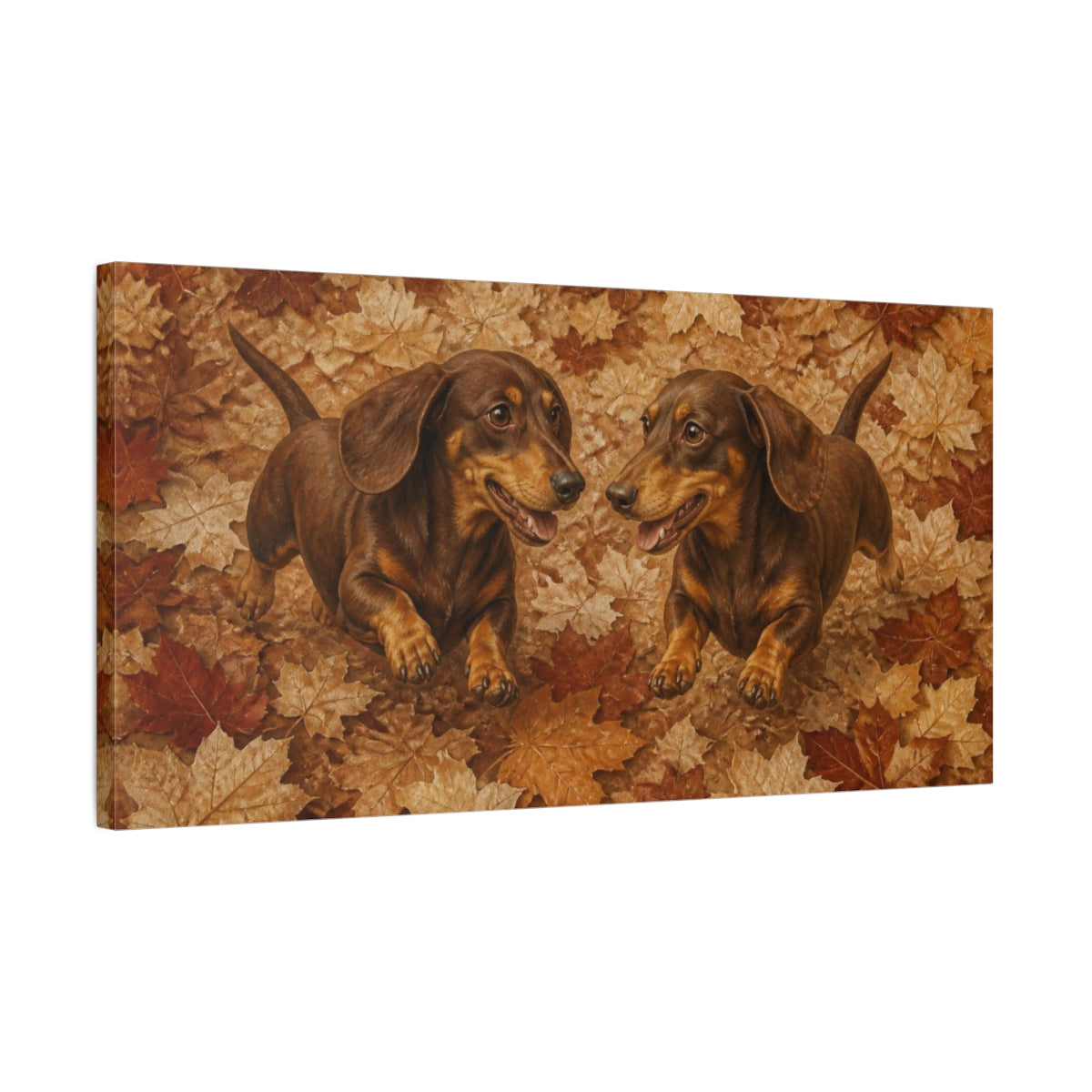 Side Mockup 1. Pets Dachshund Duo In Leaves shown as canvas print