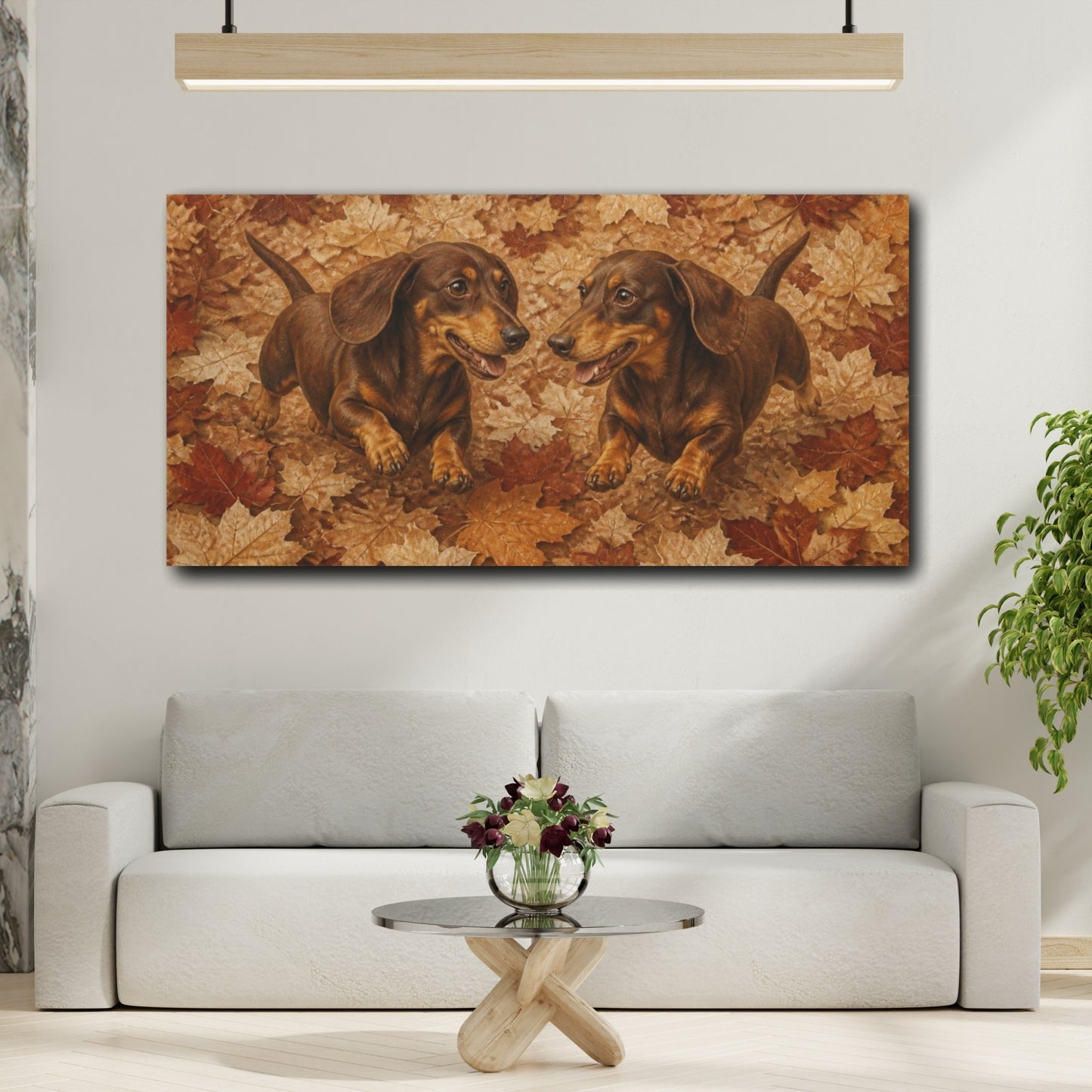 Mockup 2. Pets Dachshund Duo In Leaves shown as canvas print