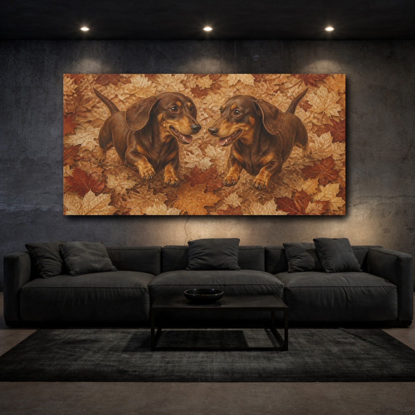 Mockup 3. Pets Dachshund Duo In Leaves shown as canvas print