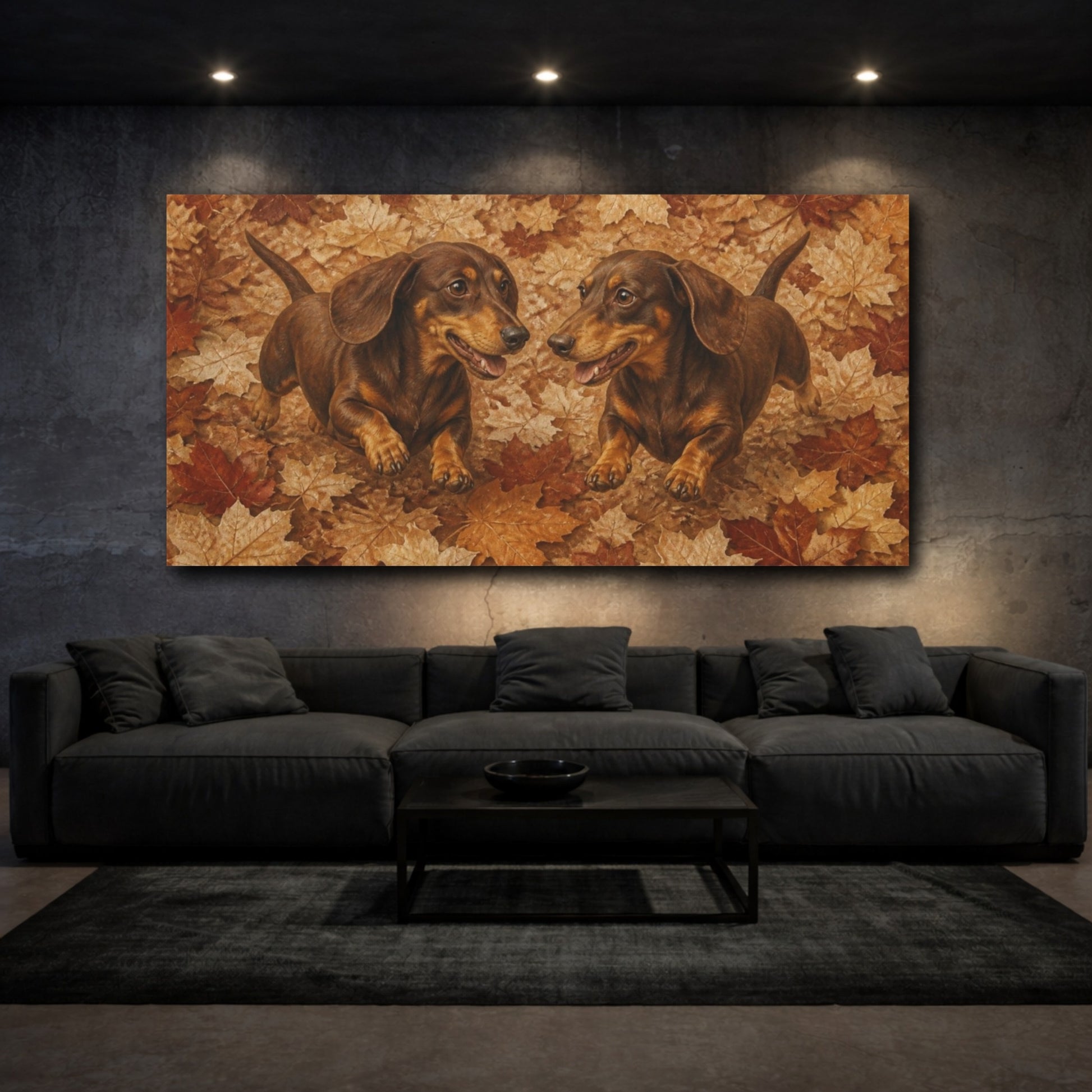 Mockup 3. Pets Dachshund Duo In Leaves shown as canvas print