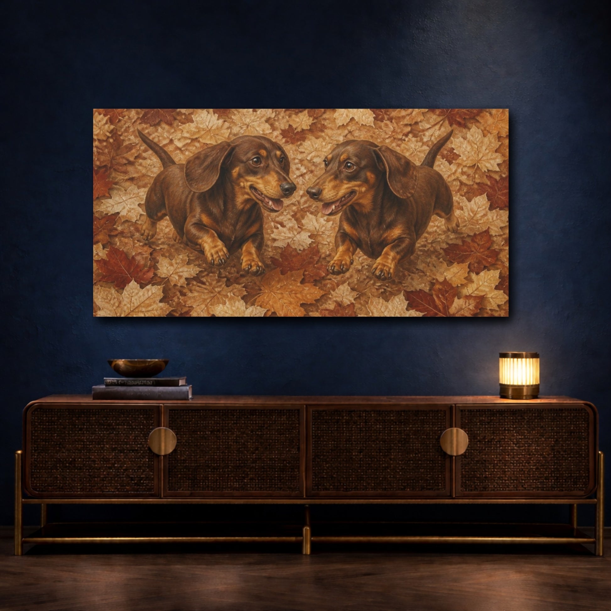 Mockup 4. Pets Dachshund Duo In Leaves shown as canvas print