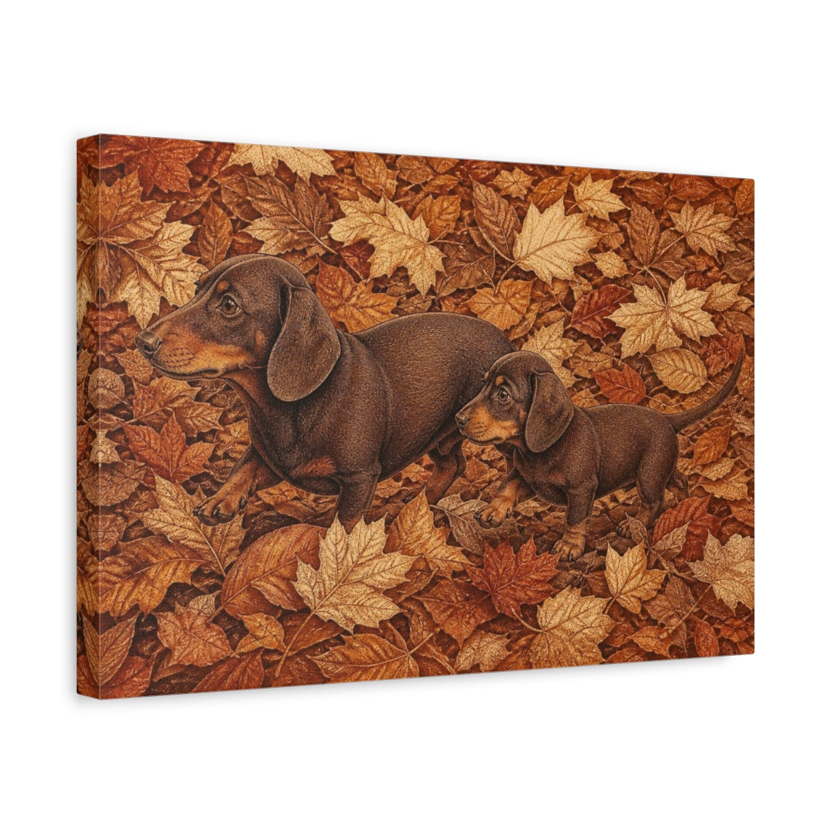 Side Mockup 4. Pets: Dachshunds In Autumn shown as canvas print