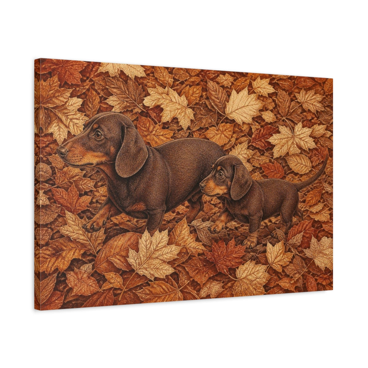 Side Mockup 2. Pets: Dachshunds In Autumn shown as canvas print