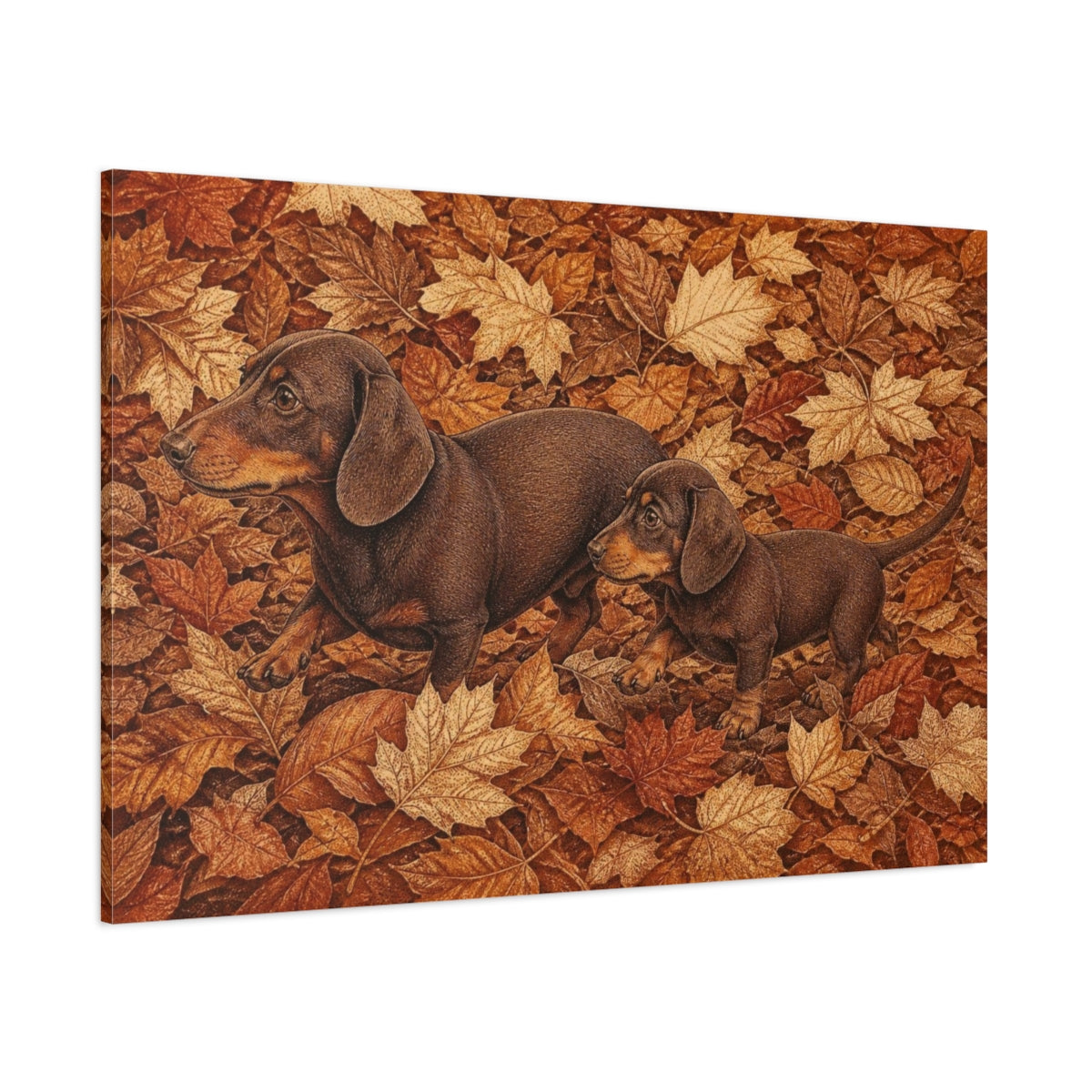 Side Mockup 1. Pets: Dachshunds In Autumn shown as canvas print