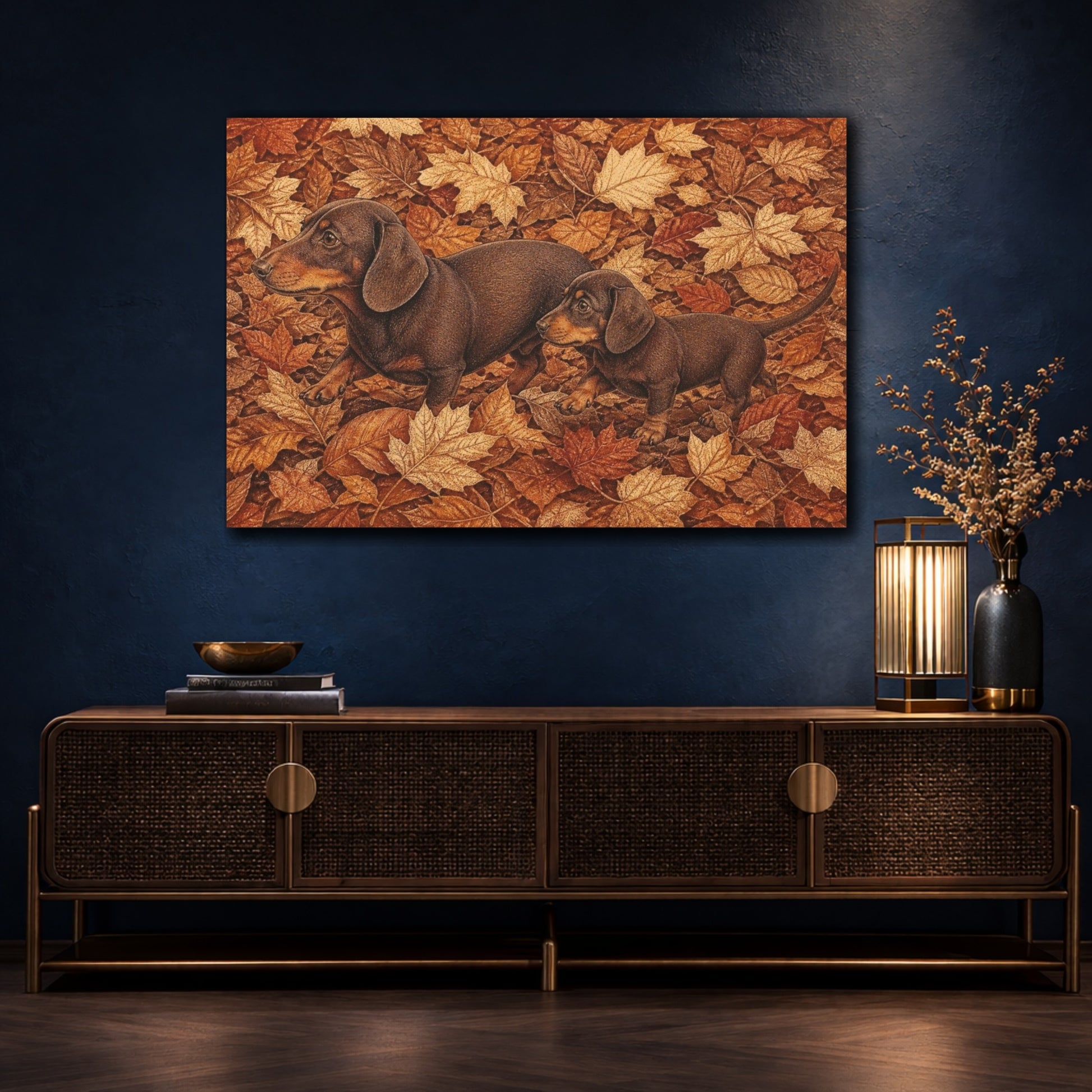 Mockup 4. Pets: Dachshunds In Autumn shown as canvas print