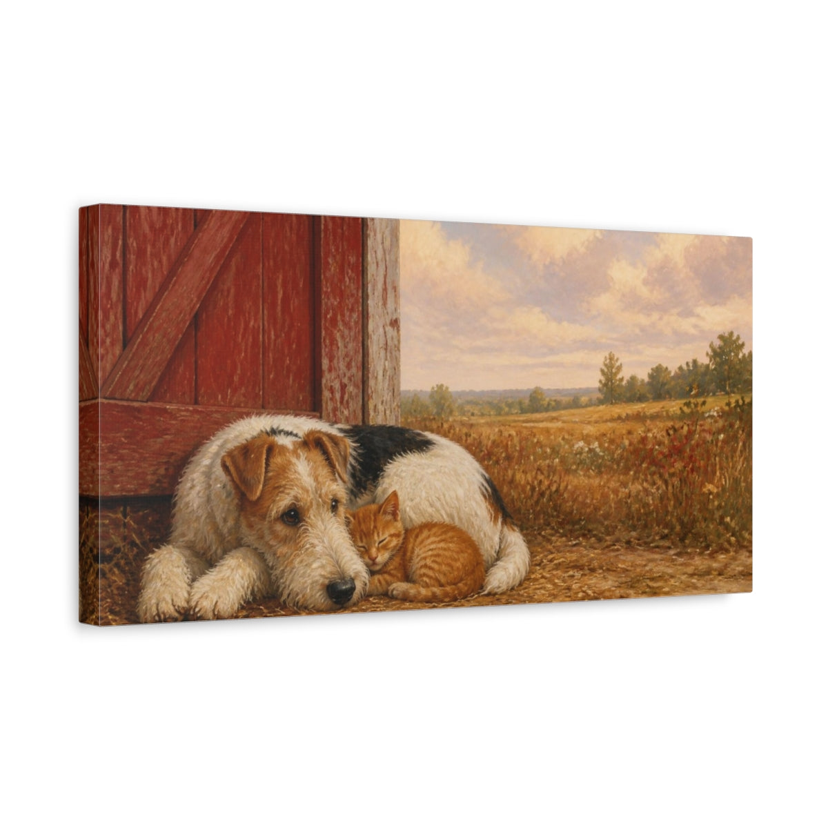 Side Mockup 3. Pets Fox Terrier & Kitten shown as canvas print