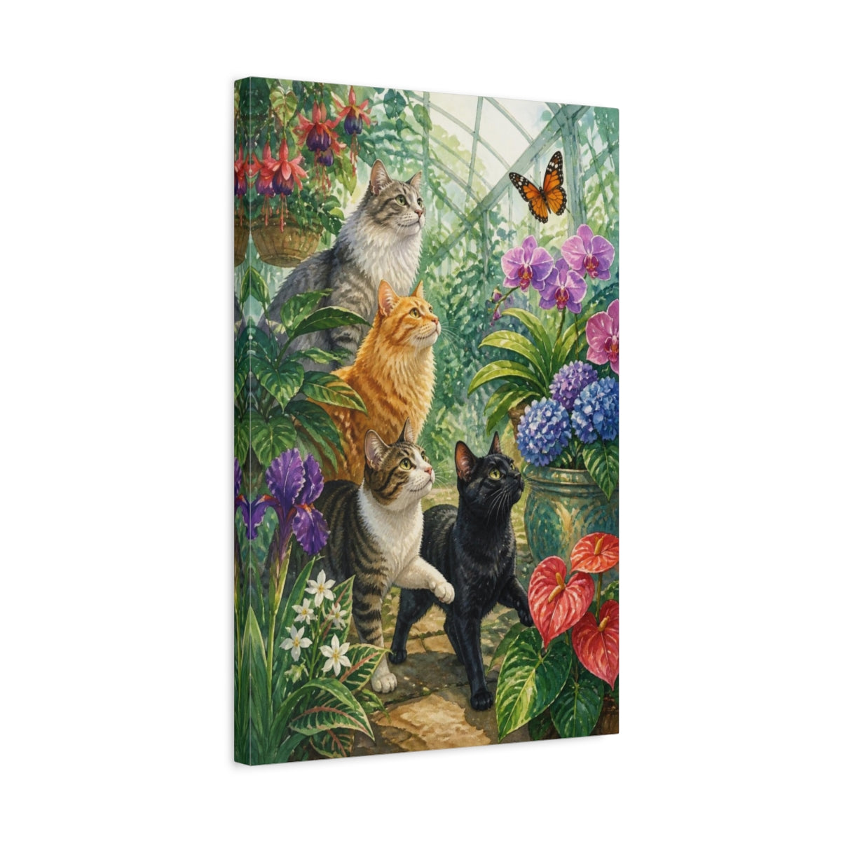 Side Mockup 3. Pets: Greenhouse Cats shown as canvas print