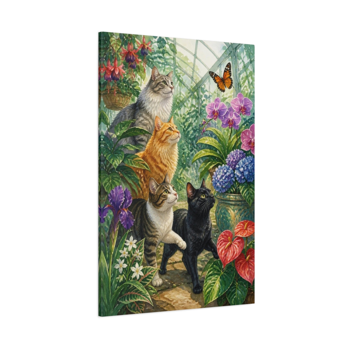 Side Mockup 1. Pets: Greenhouse Cats shown as canvas print