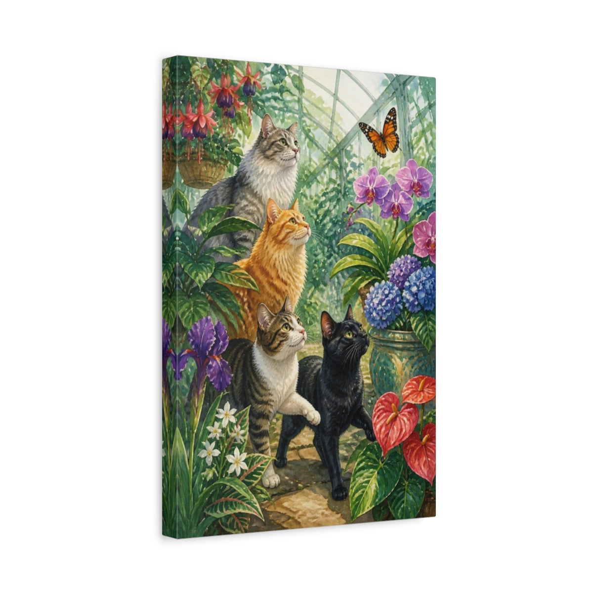 Side Mockup 4. Pets: Greenhouse Cats shown as canvas print