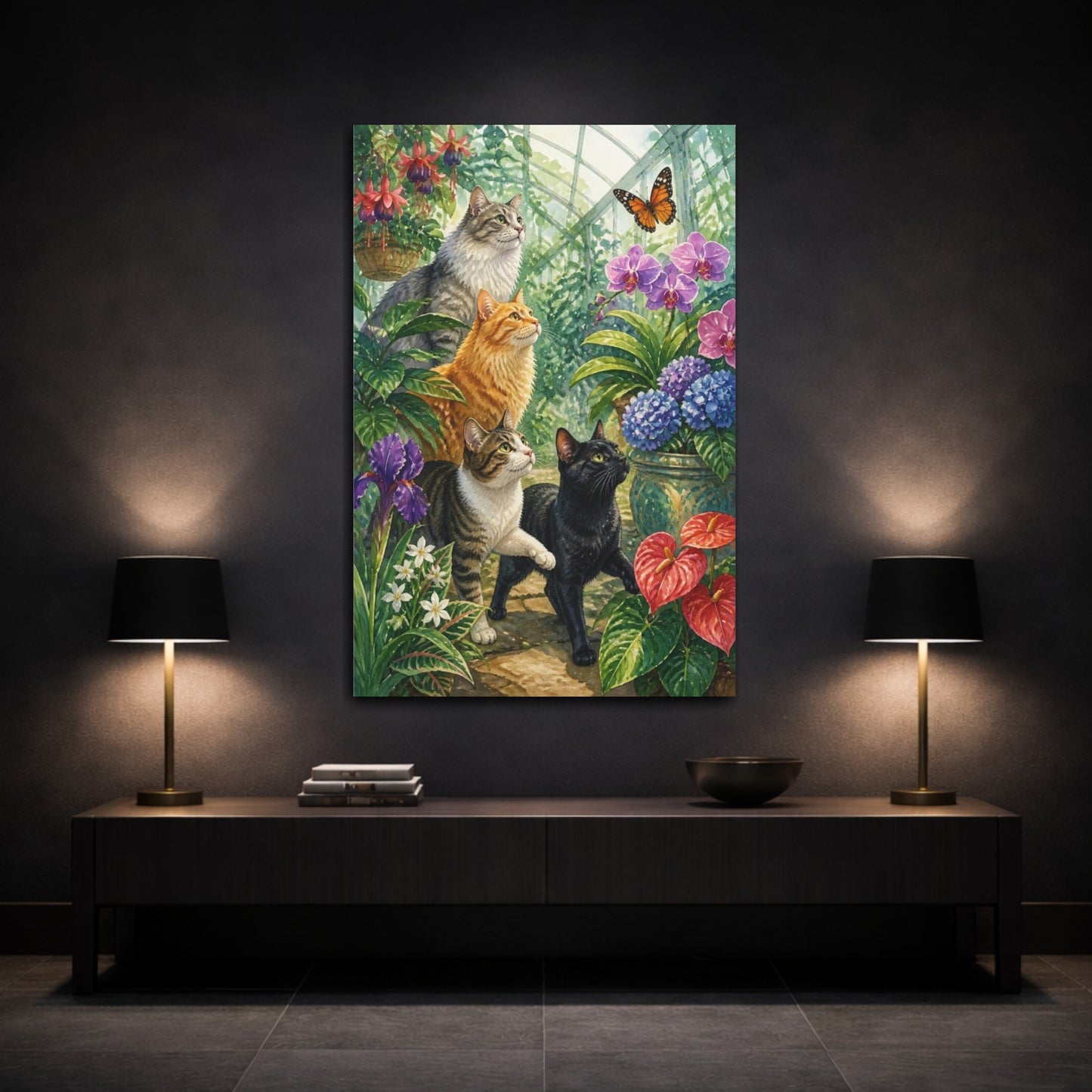 Mockup 3. Pets: Greenhouse Cats shown as canvas print