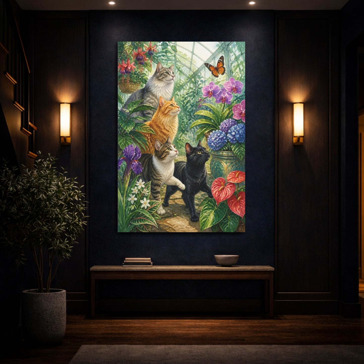 Mockup 4. Pets: Greenhouse Cats shown as canvas print