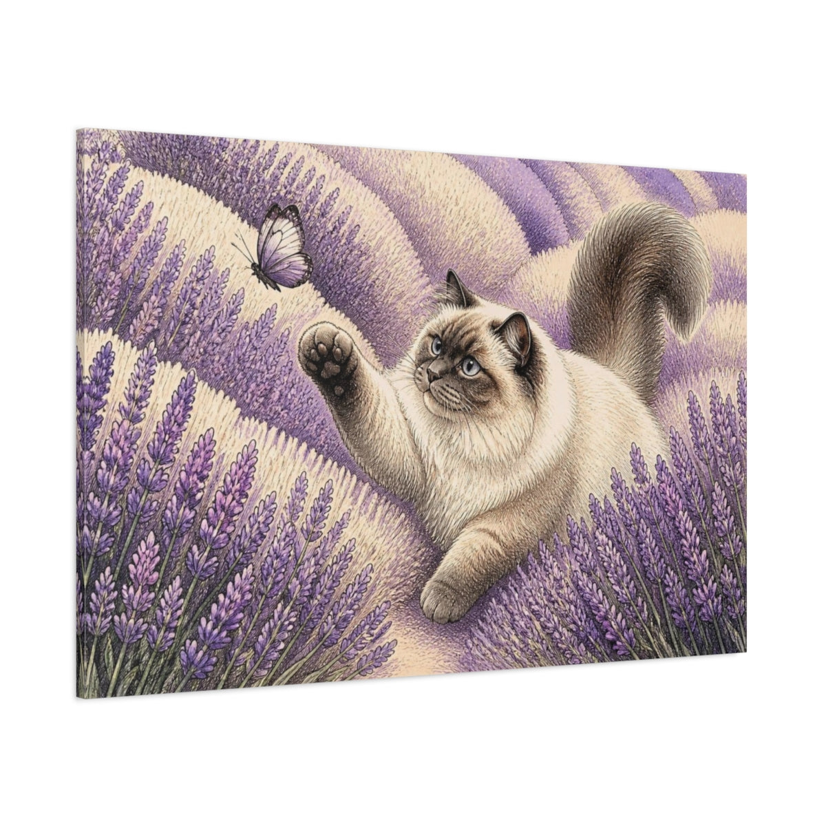 Side Mockup 1. Pets Ragdoll Cat In Lavender shown as canvas print