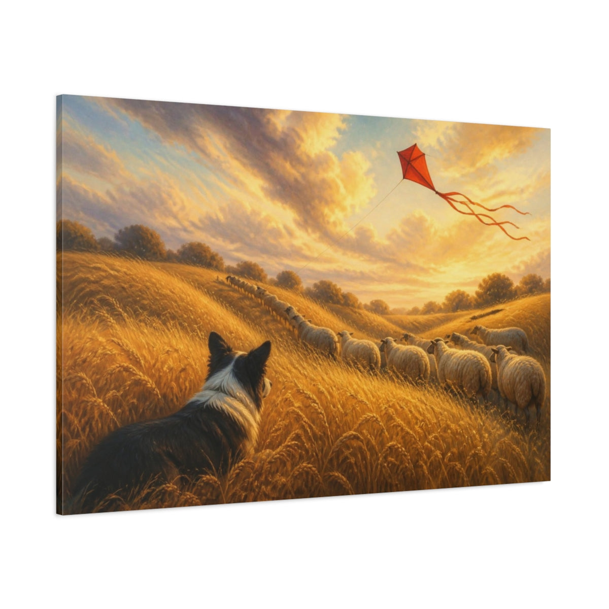 Side Mockup 1. Pets: Sheepdog In Wheat shown as canvas print