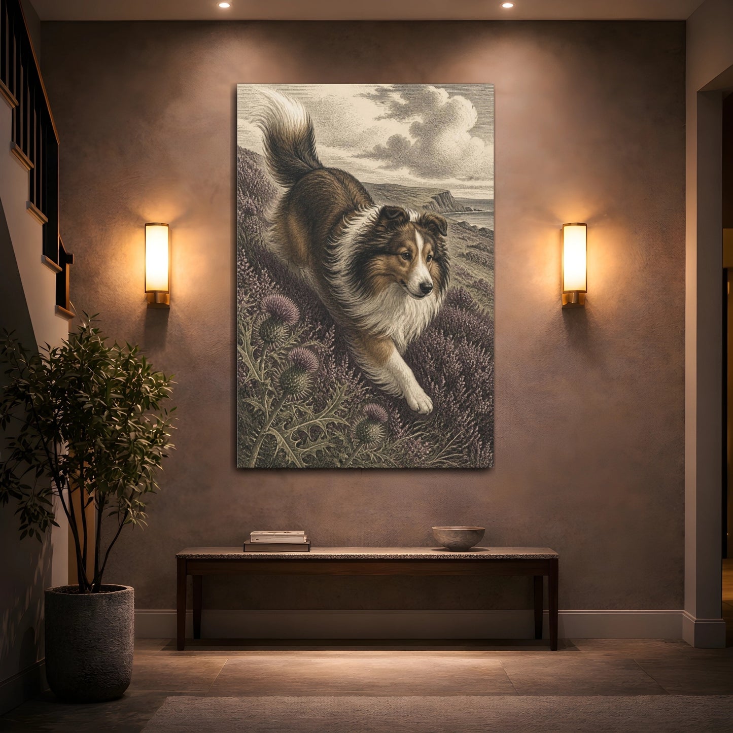 Mockup 2. Pets Shetland Sheepdog On Heather shown as canvas print