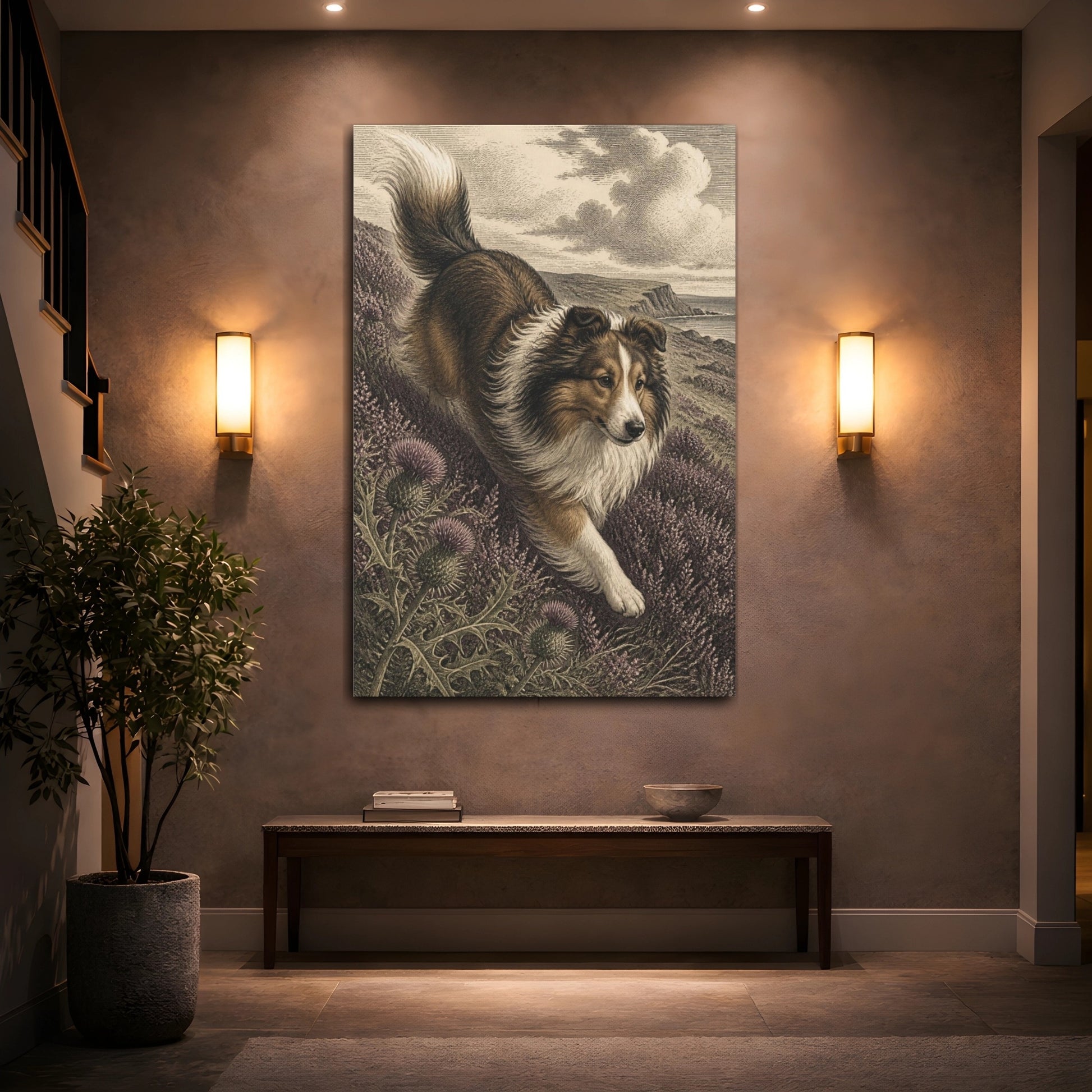 Mockup 2. Pets Shetland Sheepdog On Heather shown as canvas print