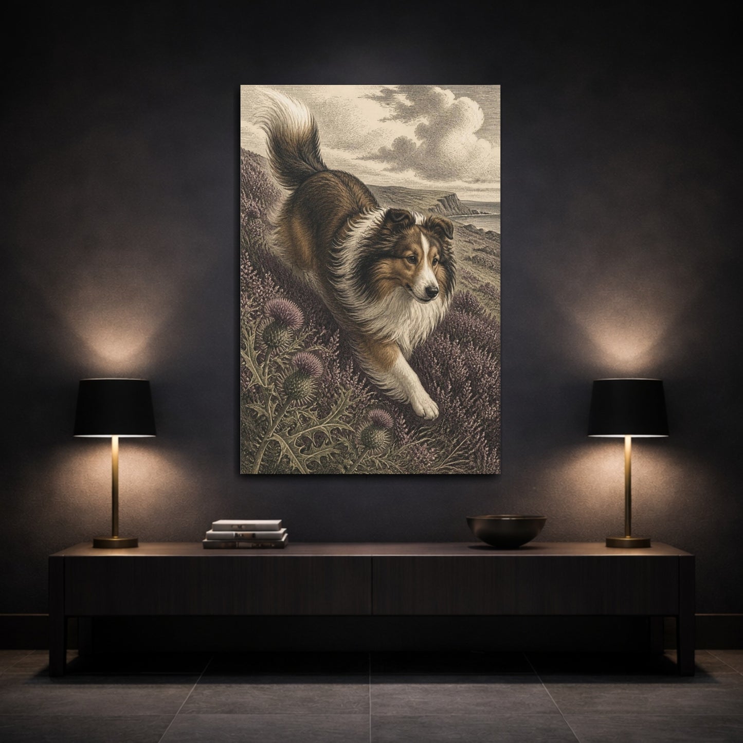 Mockup 3. Pets Shetland Sheepdog On Heather shown as canvas print