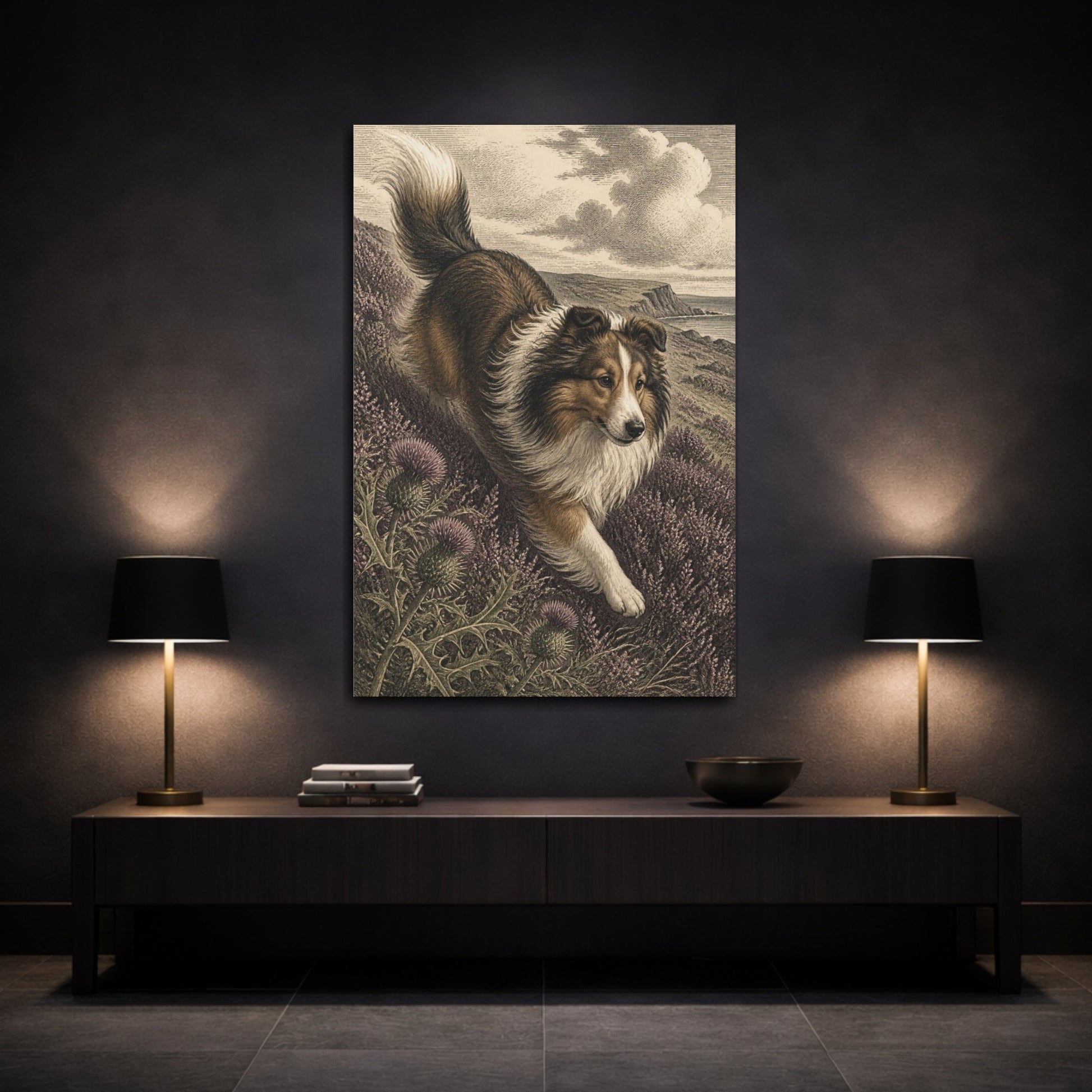 Mockup 3. Pets Shetland Sheepdog On Heather shown as canvas print