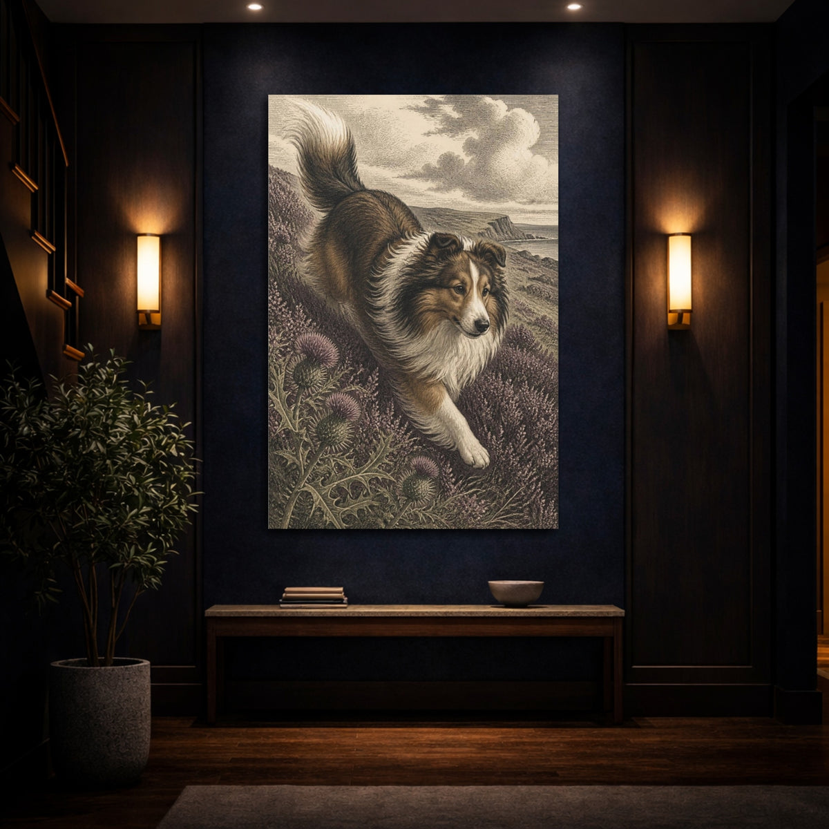 Mockup 4. Pets Shetland Sheepdog On Heather shown as canvas print