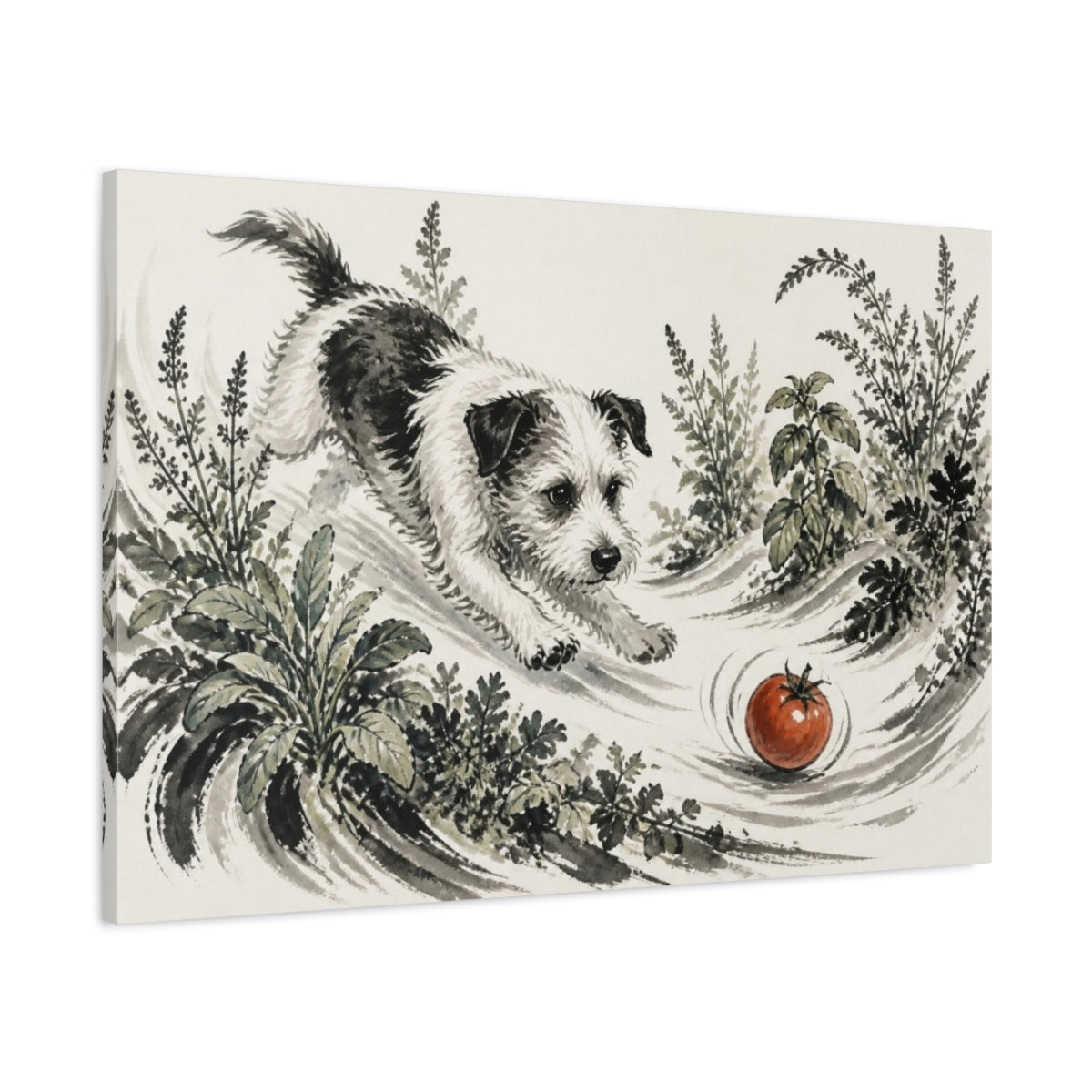 Main Mockup. Pets Terrier Chasing Tomato shown as canvas print