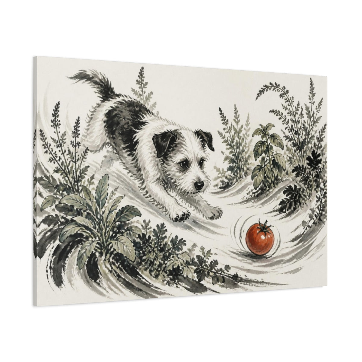 Side Mockup 1. Pets Terrier Chasing Tomato shown as canvas print