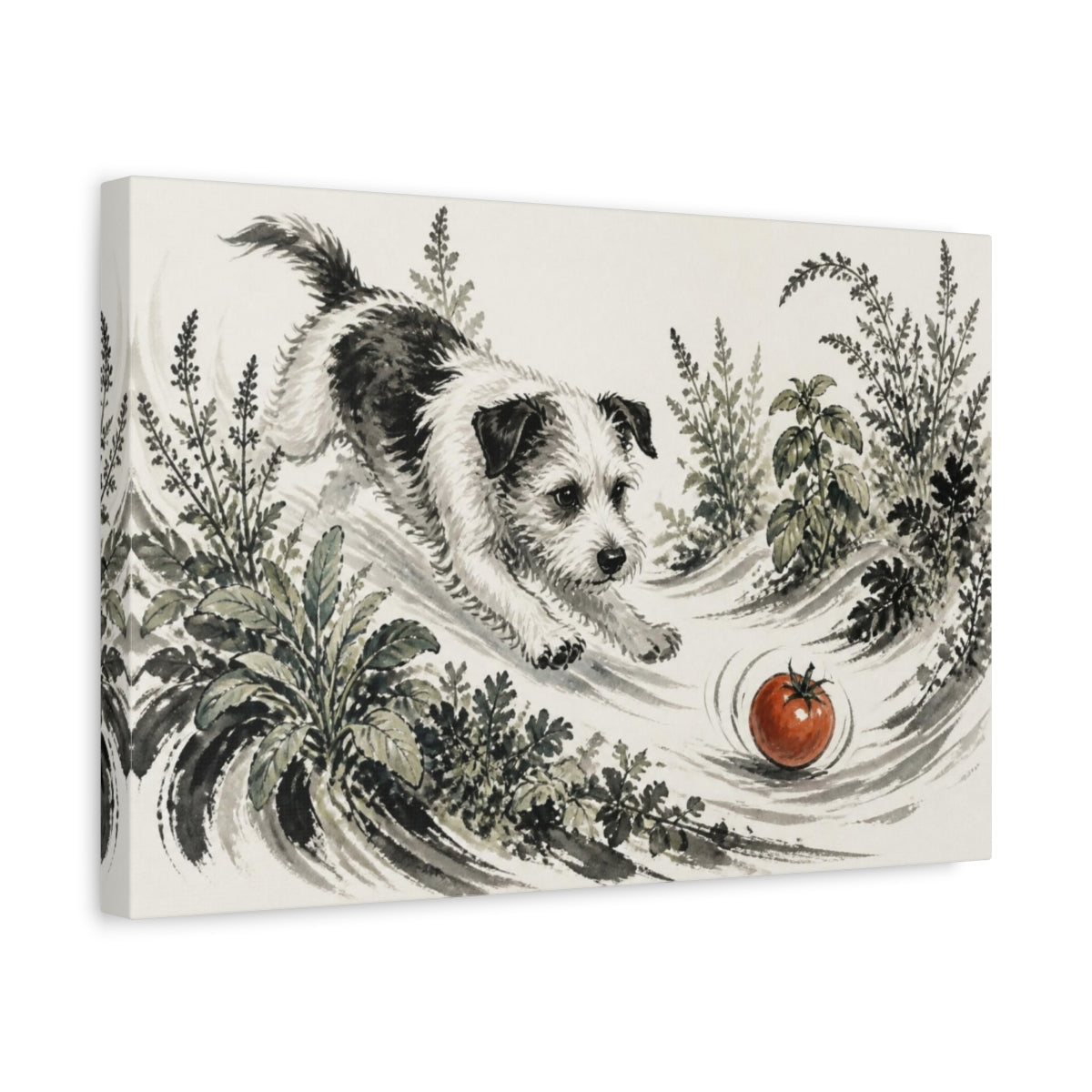 Side Mockup 4. Pets Terrier Chasing Tomato shown as canvas print
