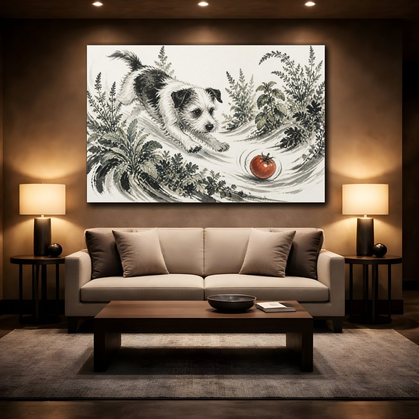Mockup 2. Pets Terrier Chasing Tomato shown as canvas print