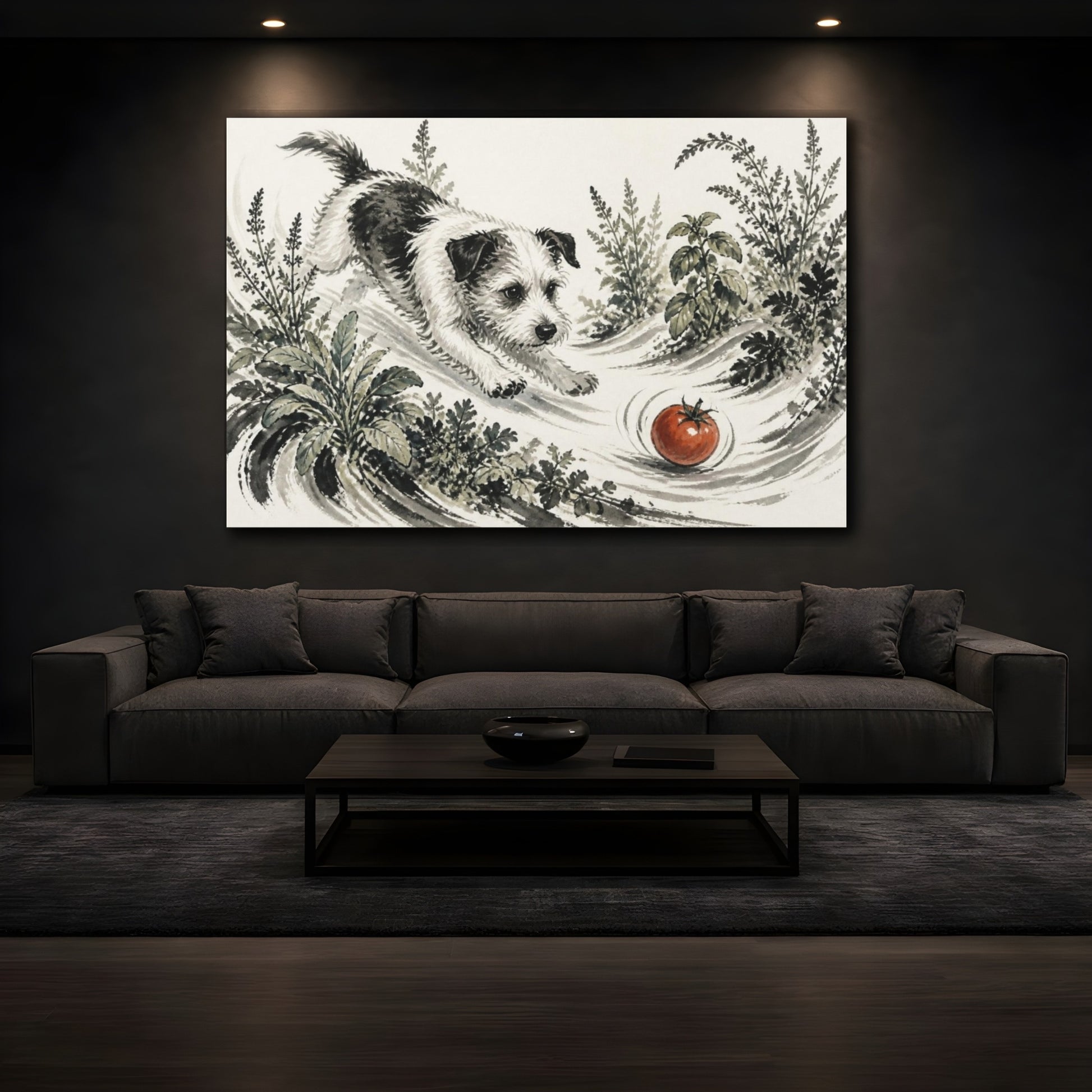 Mockup 3. Pets Terrier Chasing Tomato shown as canvas print