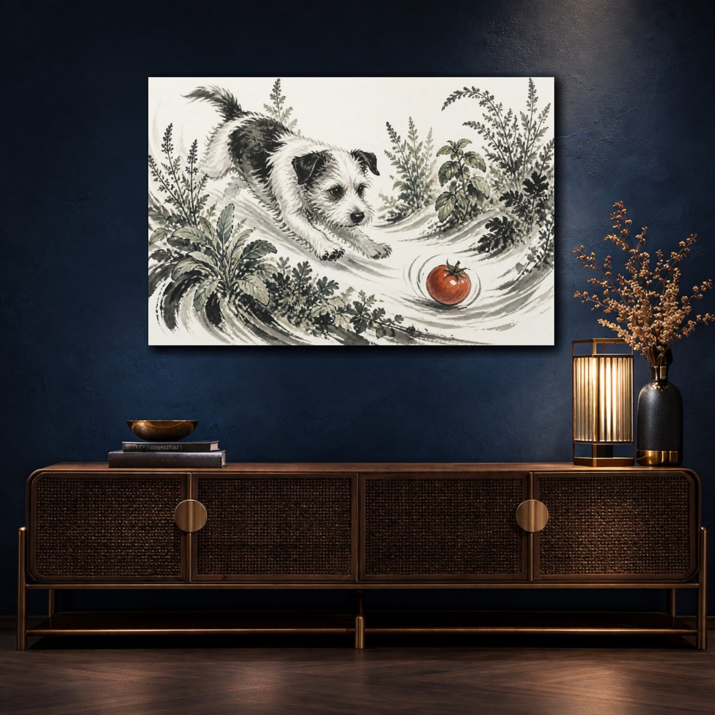 Mockup 4. Pets Terrier Chasing Tomato shown as canvas print