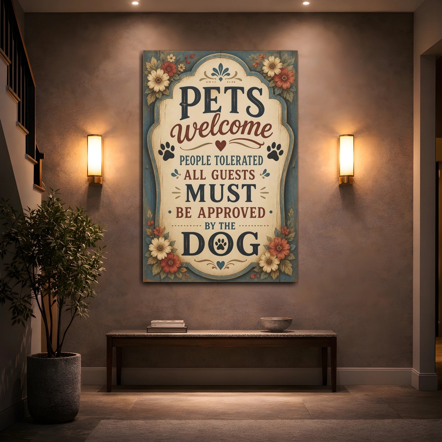 Mockup 2. Pets Welcome Dog Approved shown as canvas print