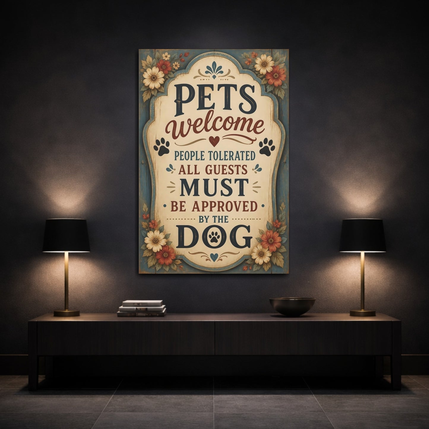 Mockup 3. Pets Welcome Dog Approved shown as canvas print
