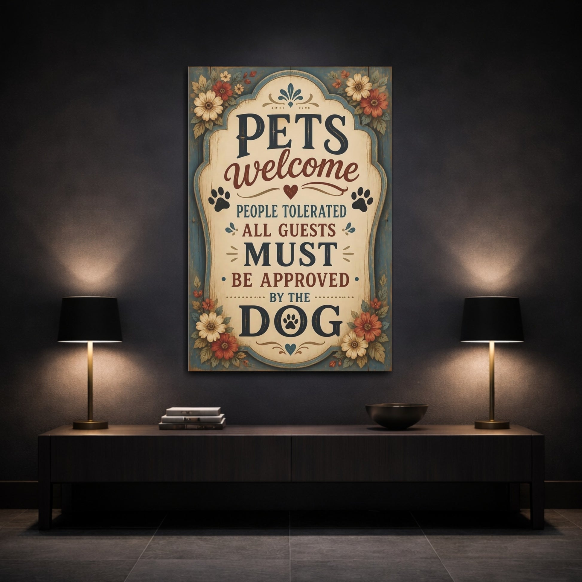 Mockup 3. Pets Welcome Dog Approved shown as canvas print