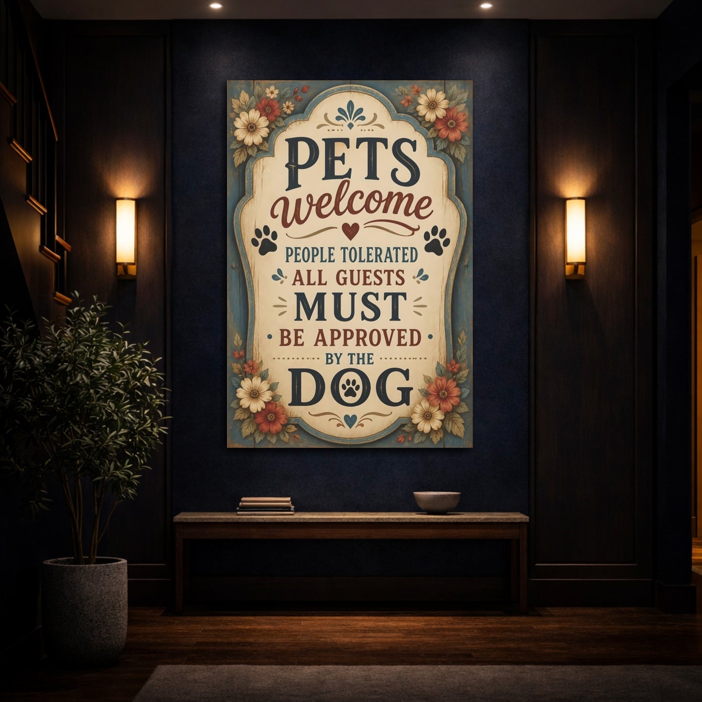 Mockup 4. Pets Welcome Dog Approved shown as canvas print