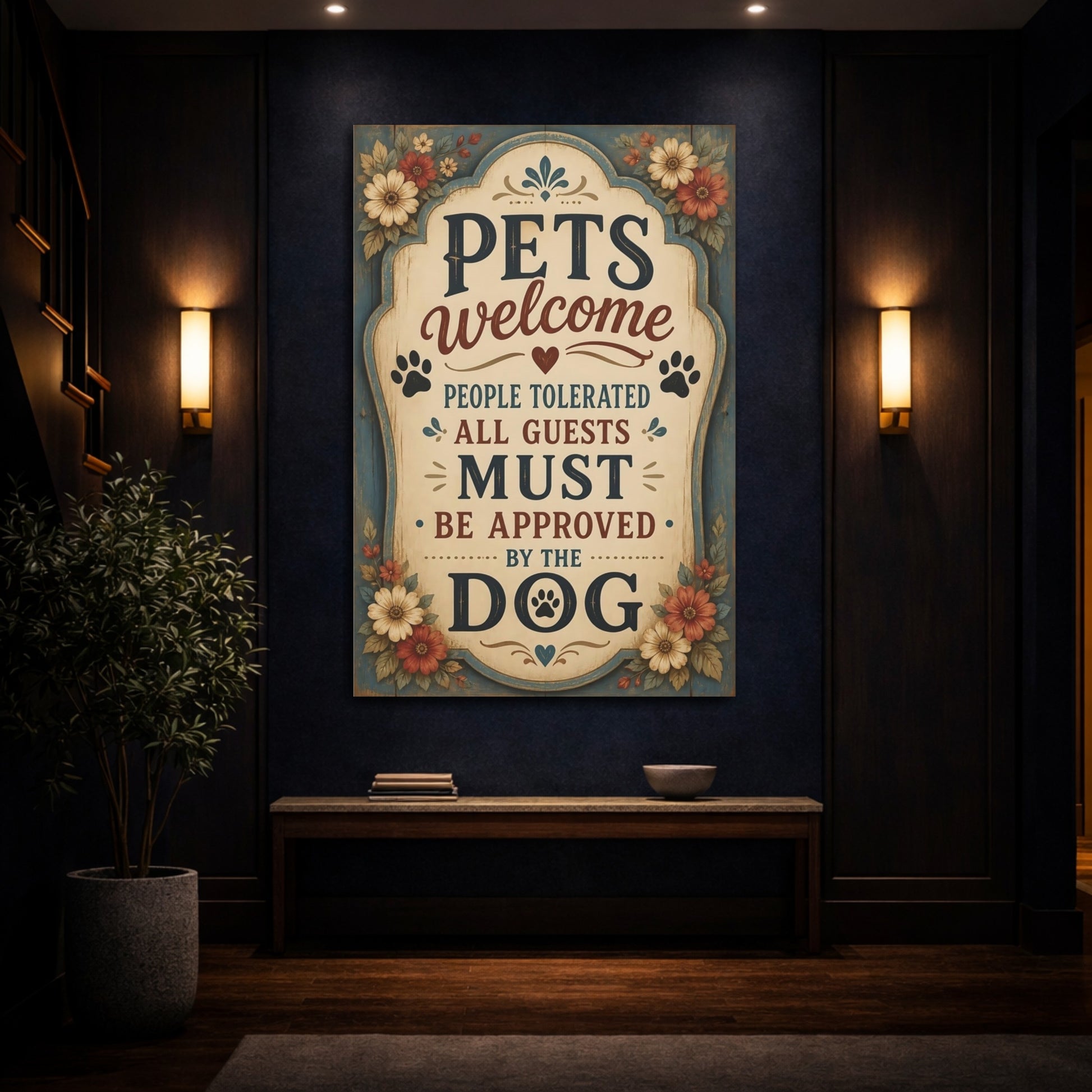 Mockup 4. Pets Welcome Dog Approved shown as canvas print