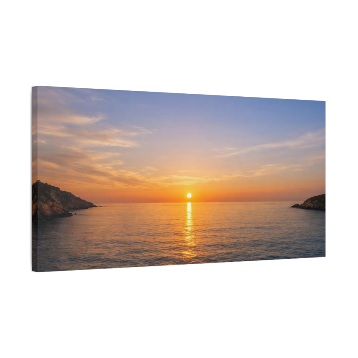 Side Mockup 2. Nature Ocean Sunset Orange Blue Sunset shown as stretched canvas wall art