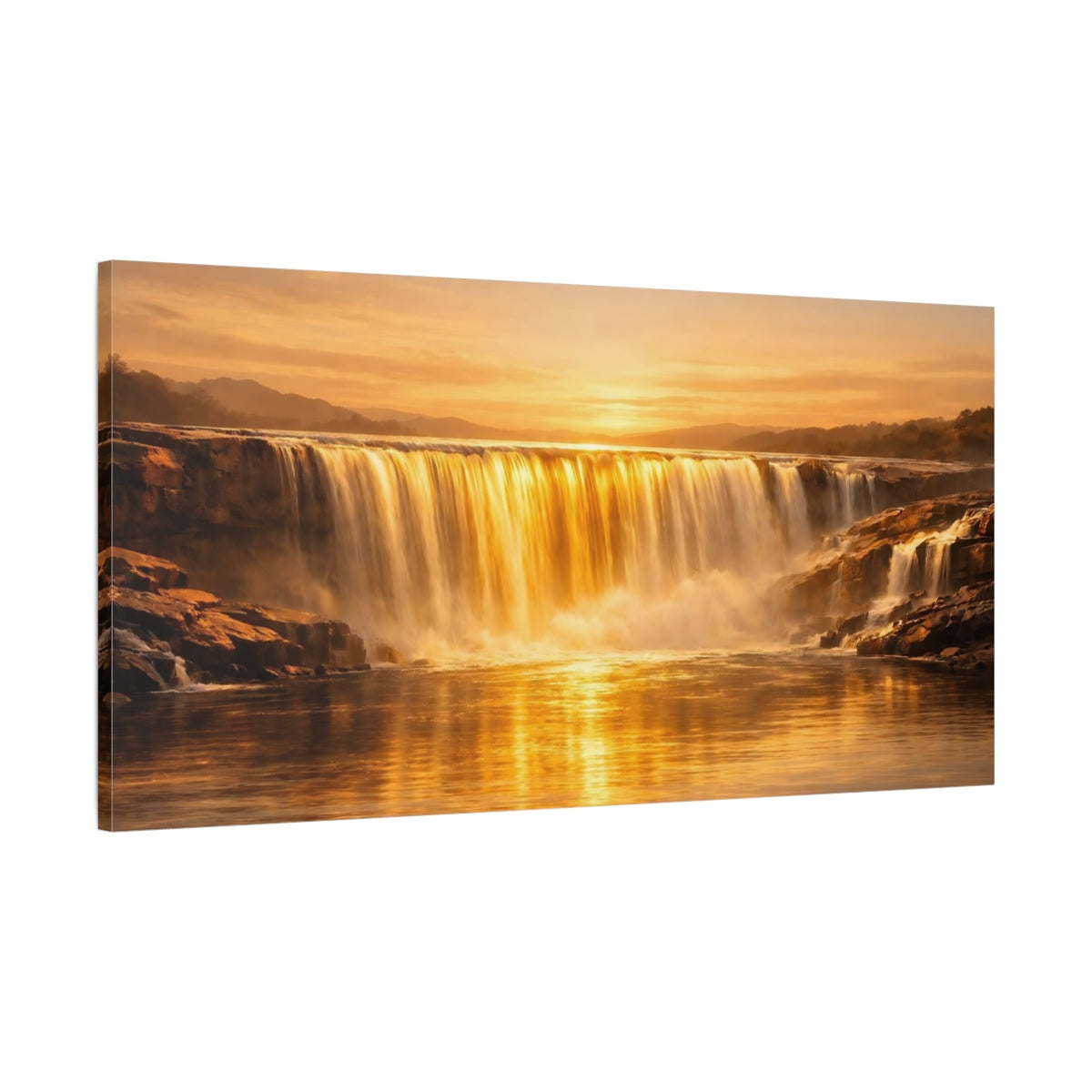 Side Mockup 1. Nature Waterfall Golden Waterfall shown as stretched canvas wall art