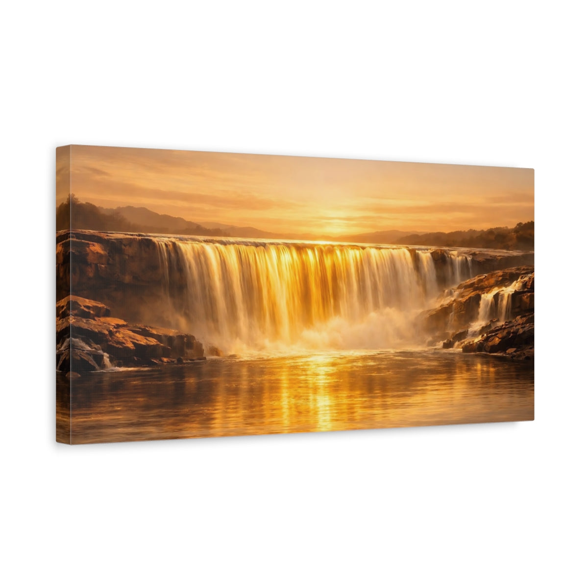 Side Mockup 3. Nature Waterfall Golden Waterfall shown as stretched canvas wall art