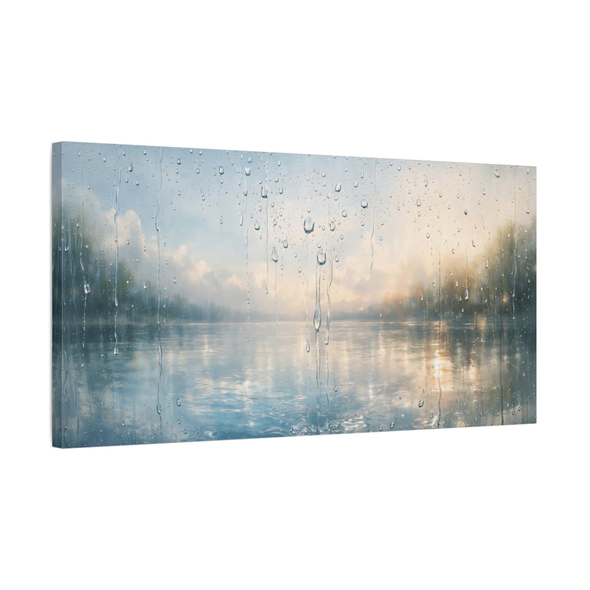 Side Mockup 2. Nature Rainy Window Rainy Lake View shown as stretched canvas wall art