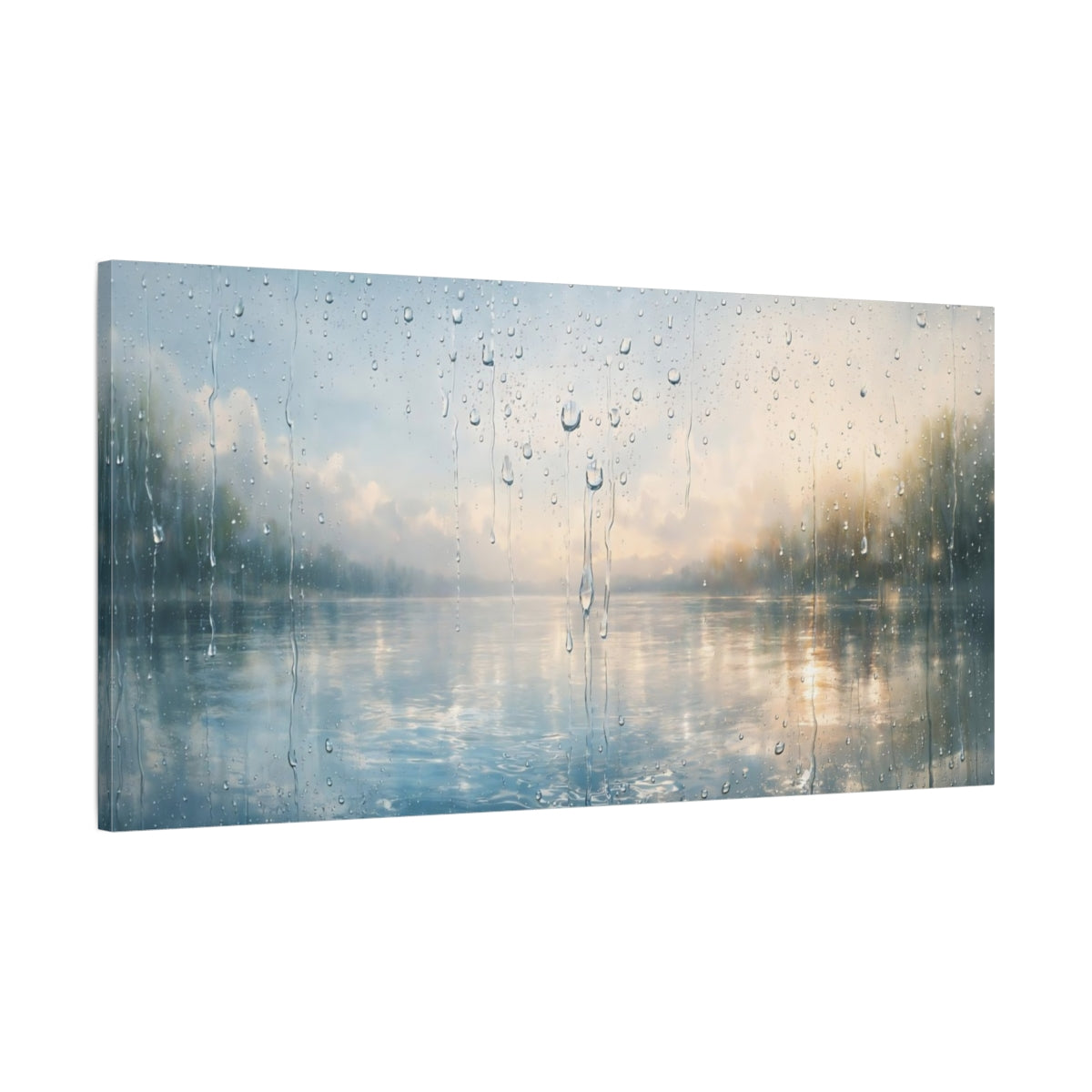 Side Mockup 1. Nature Rainy Window Rainy Lake View shown as stretched canvas wall art