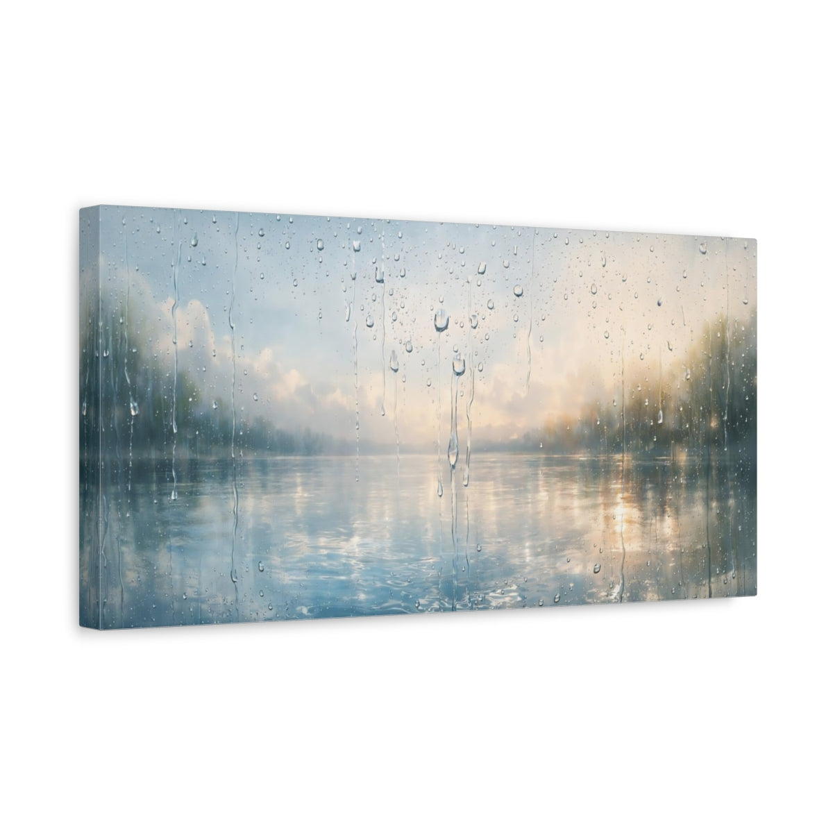 Side Mockup 3. Nature Rainy Window Rainy Lake View shown as stretched canvas wall art