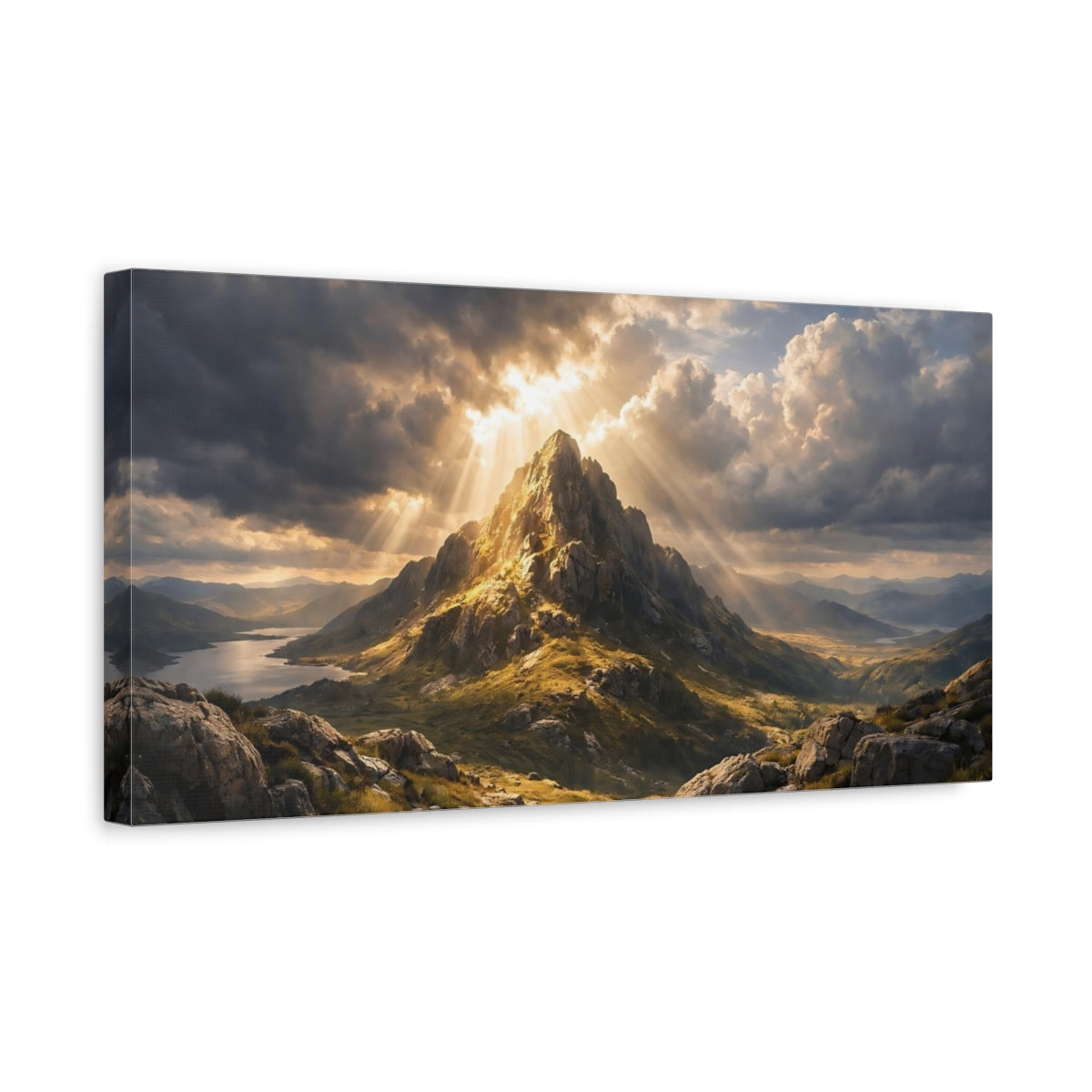 Side Mockup 3. Nature Mountain Peak Golden Mountain shown as stretched canvas wall art