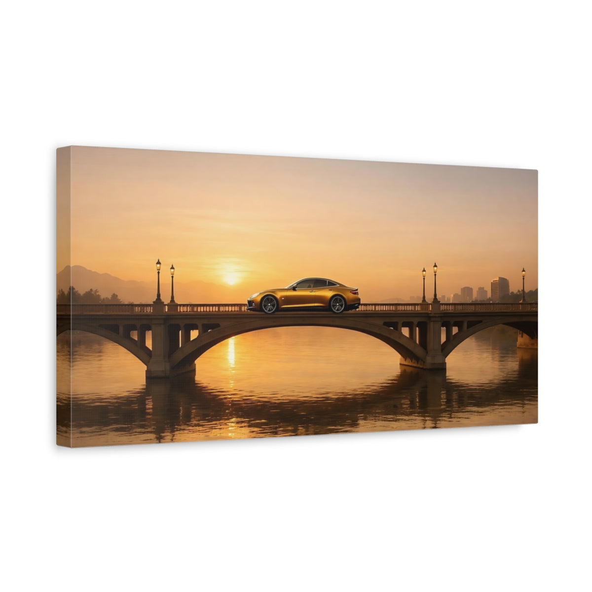 Side Mockup 3. Nature Luxury Car Golden Sunset Car shown as stretched canvas wall art