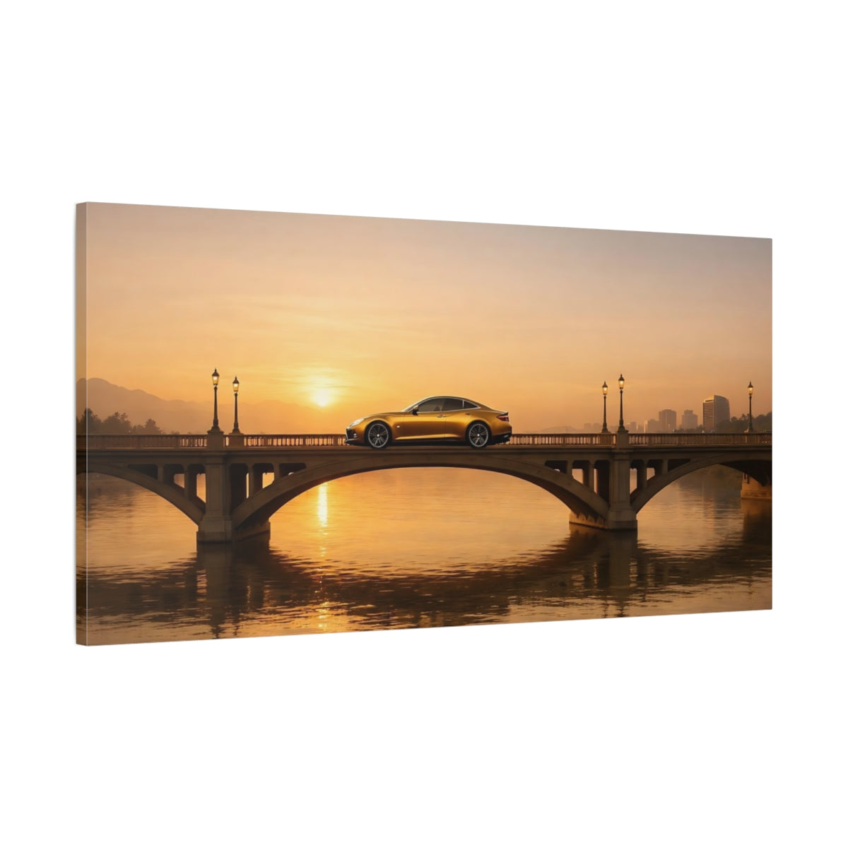 Side Mockup 1. Nature Luxury Car Golden Sunset Car shown as stretched canvas wall art