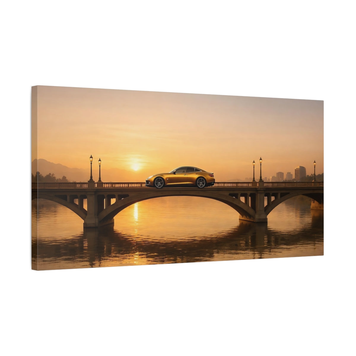 Side Mockup 2. Nature Luxury Car Golden Sunset Car shown as stretched canvas wall art