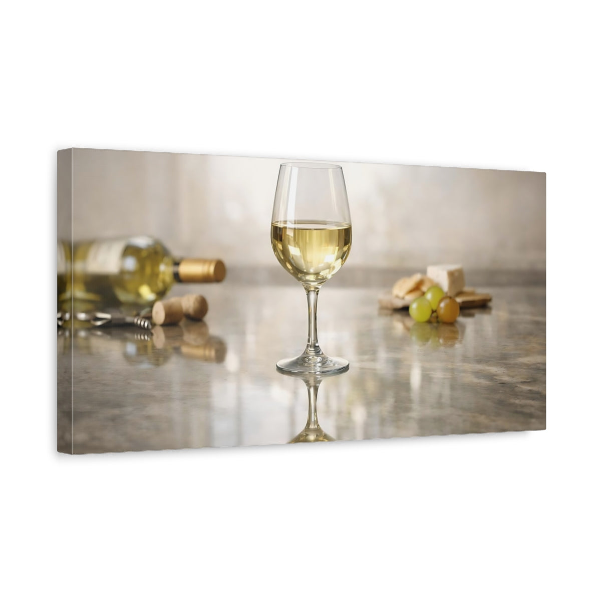 Side Mockup 3. Nature Wine Glass White Wine And Cheese shown as stretched canvas wall art